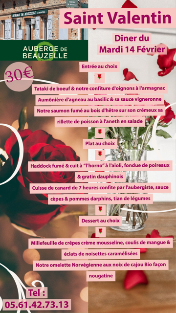 menu saint-valentin auberge beauzelle-blagnac-toulouse