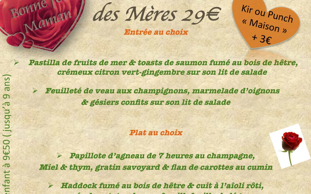 menu fete des mères 4 juin 2023