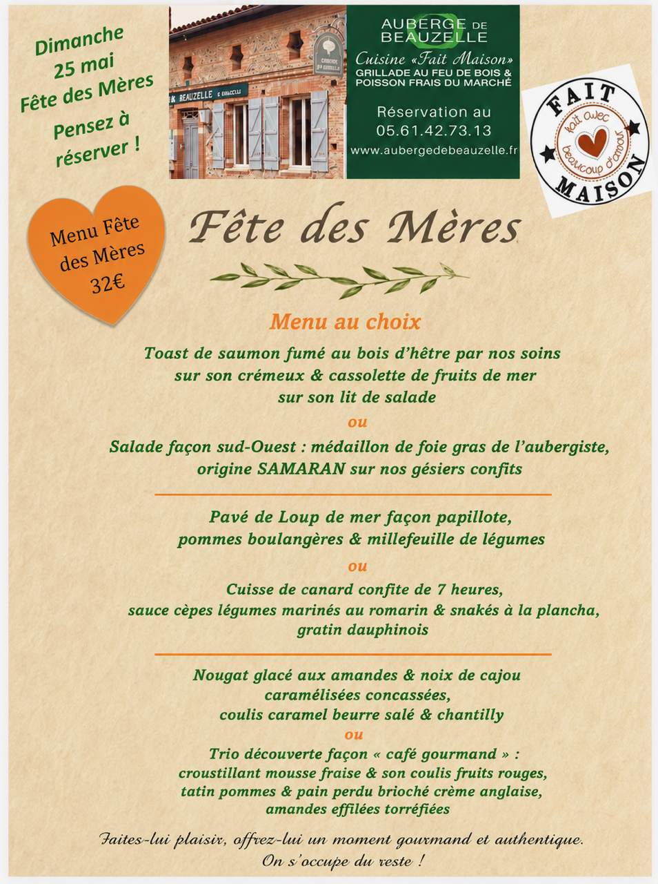 Fêtes des mères dimanche 31 MAI 2026 Auberge de Beauzelle