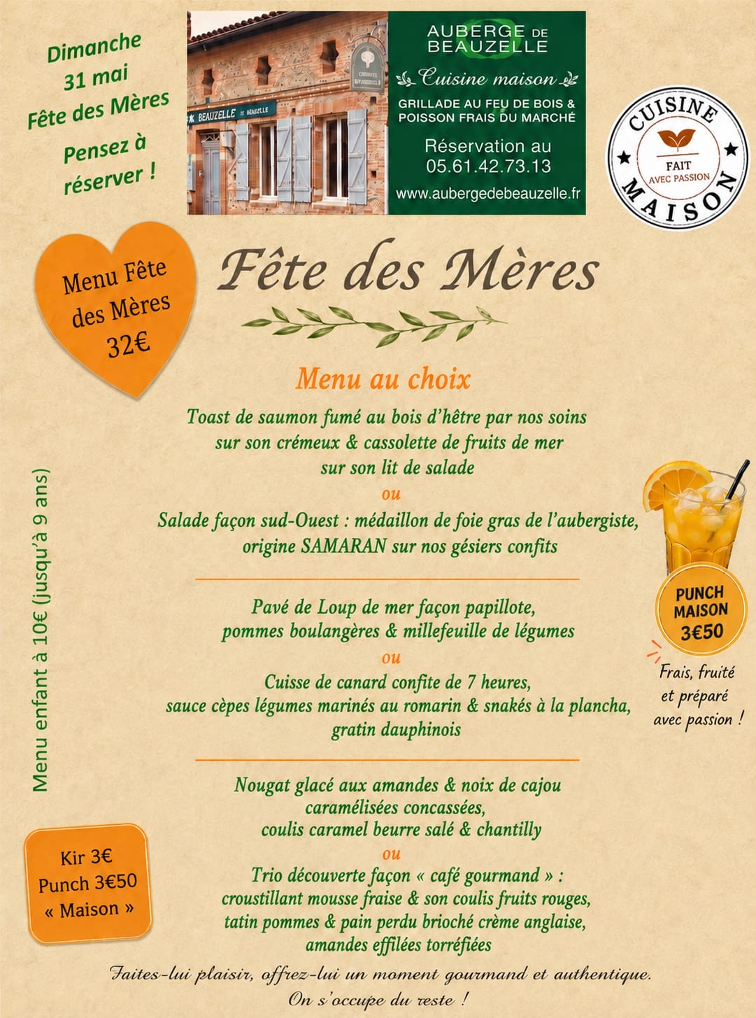 Fetes des mères 31 mai 2026 restaurant auberge de Beauzelle