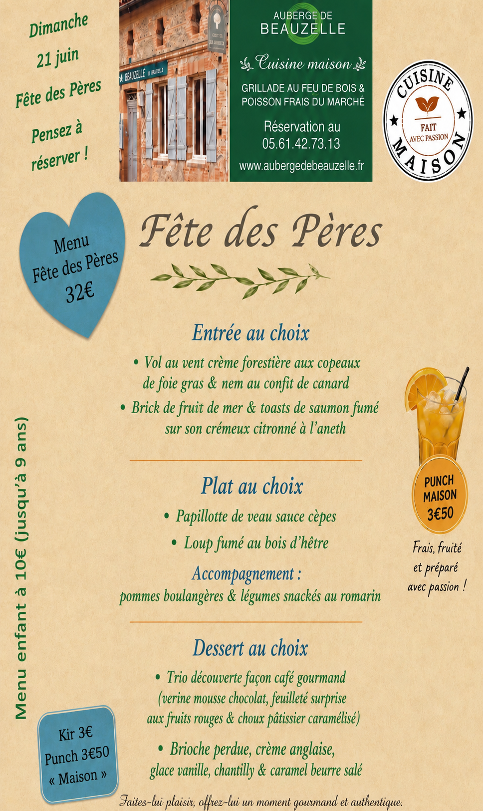Fetes des mères 31 mai 2026 restaurant auberge de Beauzelle